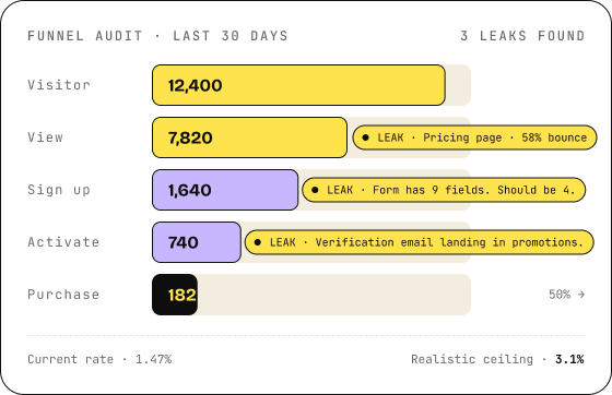 Funnel audit highlighting drop-off leaks from visitor to purchase